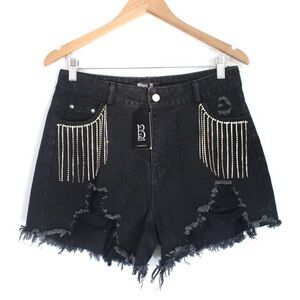Blue B Collection Denim Rhinestone Fringe Shorts
